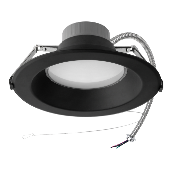 Black round commercial recessed downlight with spring mounting clips