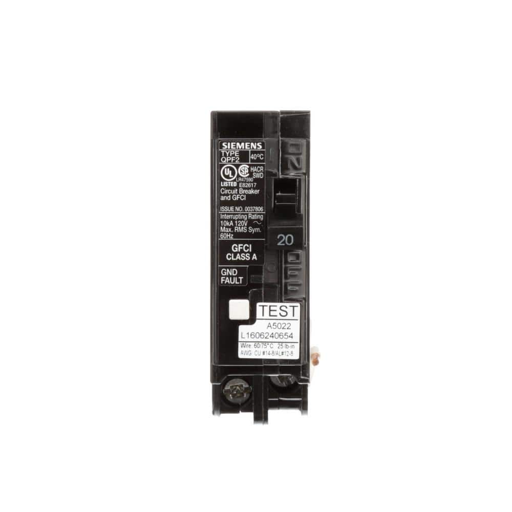 Siemens QPF2 1-Pole GFCI Circuit Breaker, model QF120AP, product label detail, image 2