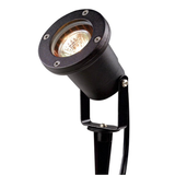 Black directional landscape light with round lens, close-up view