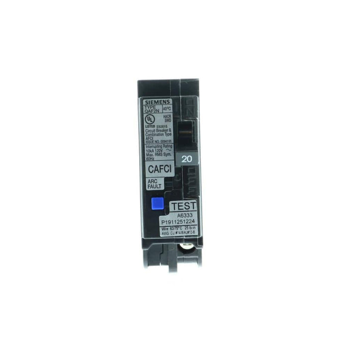 Siemens 1-Pole Combination AFCI Plug-On Neutral Circuit Breaker, model QA120AFCNP, product label detail, image 2