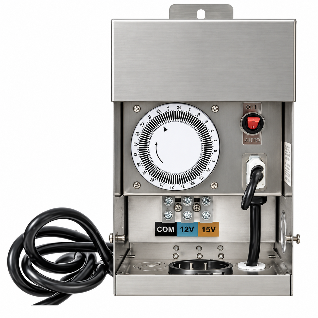 Silver transformer enclosure with a round timer dial, red rocker switch and exposed terminal block