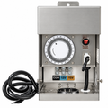 Silver transformer enclosure with a round timer dial, red rocker switch and exposed terminal block