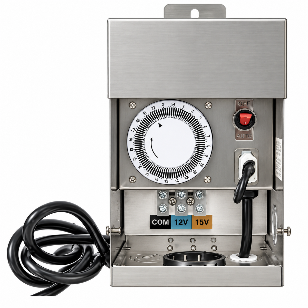 Silver transformer enclosure with a round timer dial, red rocker switch and exposed terminal block