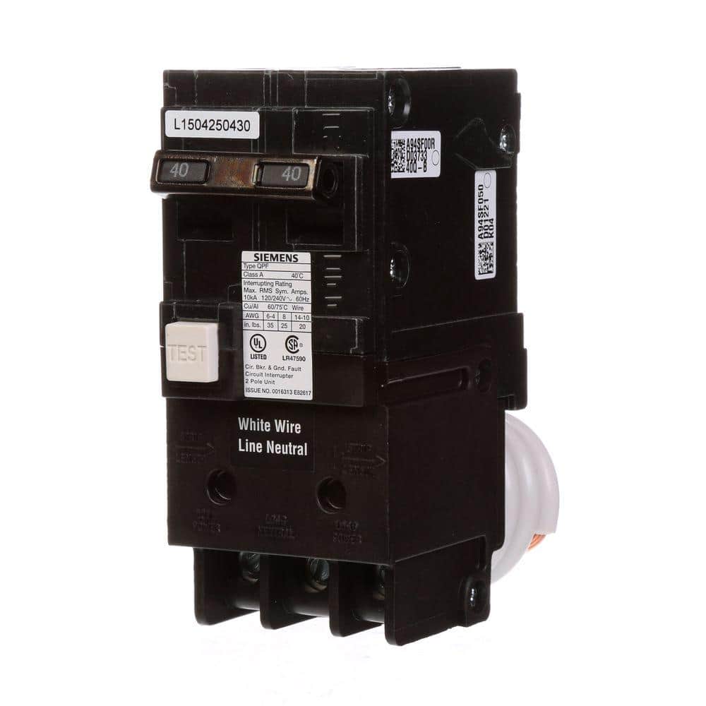 Siemens QPF 2-Pole GFCI Circuit Breaker, model QF240AP, product label detail