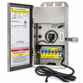Open silver transformer enclosure with a reset button, a terminal block and a coiled cord