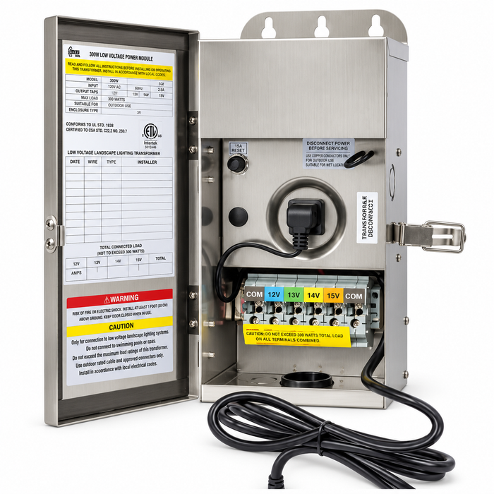 Open silver transformer enclosure with a reset button, a terminal block and a coiled cord