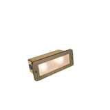 Brass lensed brick step light in Antique Bronze, illuminated front perspective
