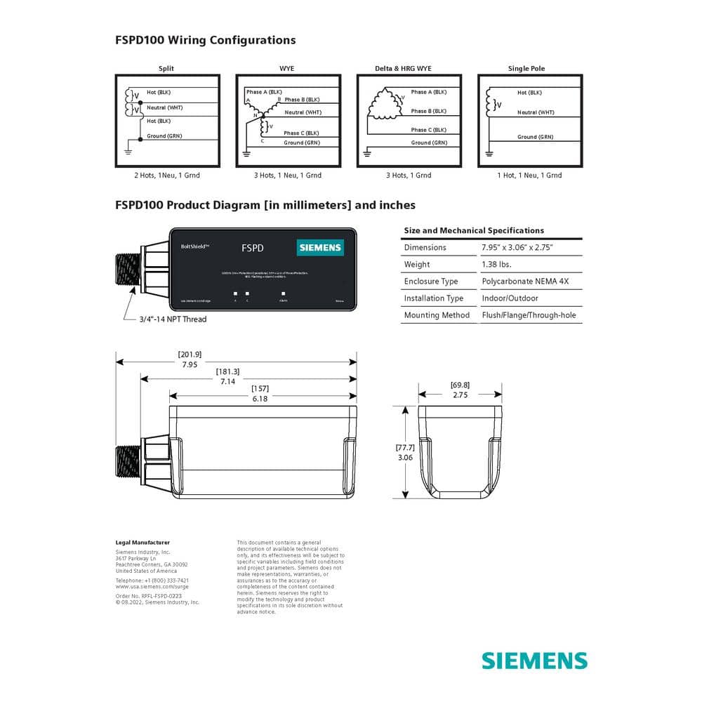 Siemens Boltshield 100kA Single-Phase Type-2 Surge Protective Device, model FSPD100, wiring diagram