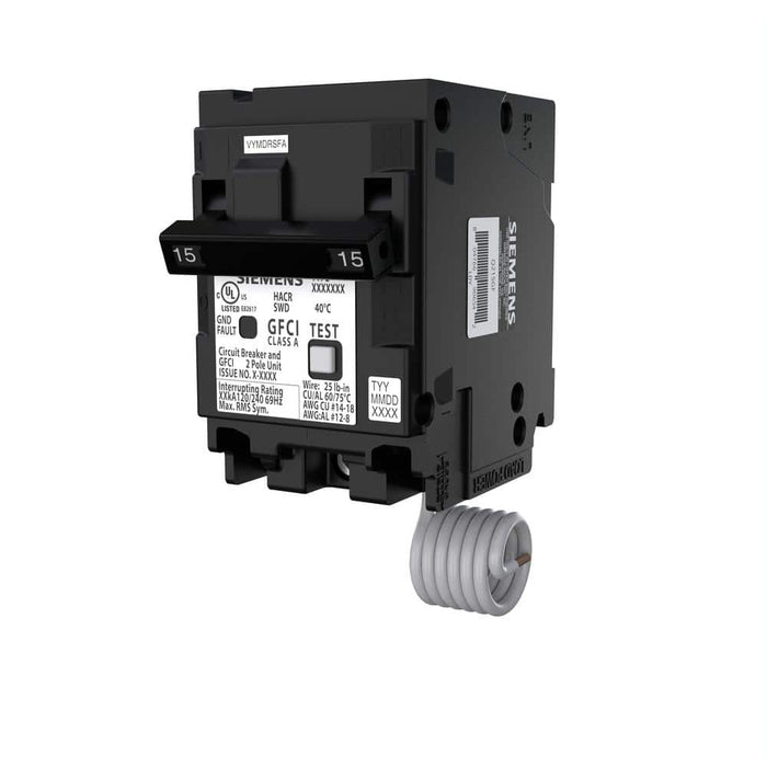 Siemens QPFB 2-Pole GFCI Circuit Breaker, model Q215GFP, product label detail