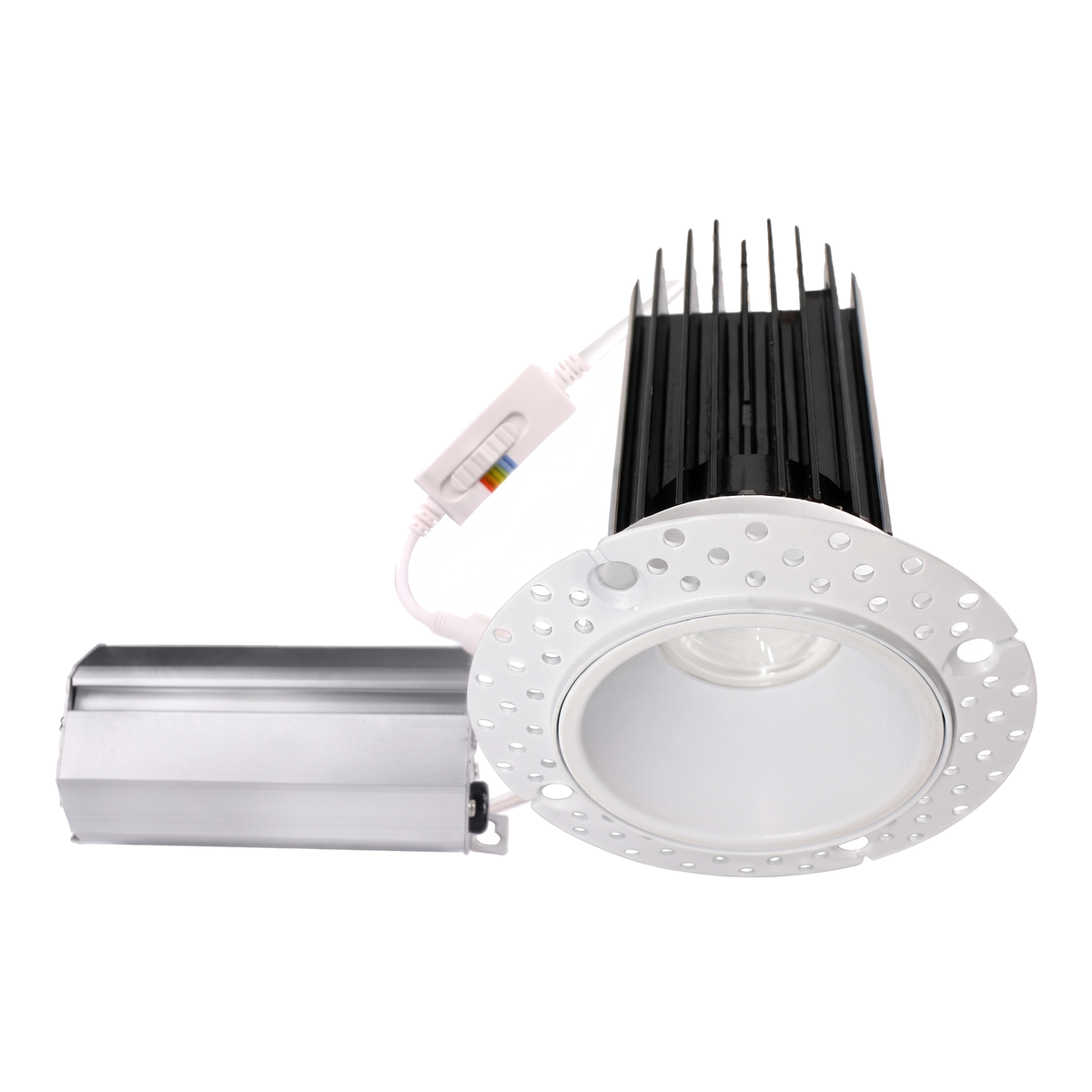 White round trimless recessed downlight with tall heat sink, inline selector and remote driver