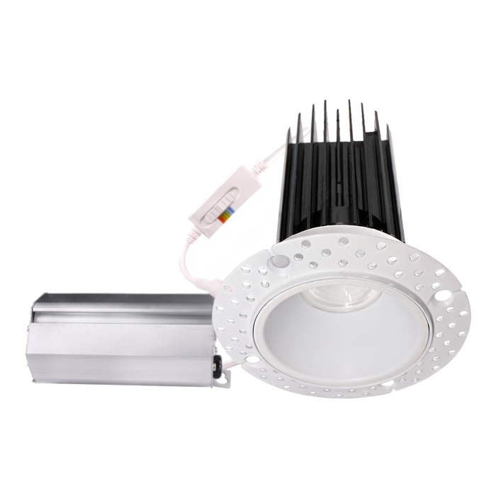 White round trimless recessed downlight with tall heat sink, inline selector and remote driver