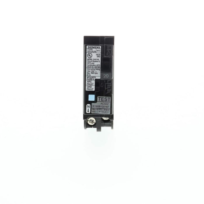 Siemens 1-Pole Dual Function Plug-On Neutral Circuit Breaker, model Q120DFNP, product label detail, image 2