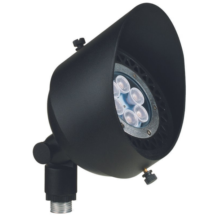 Black hooded LED flood light, angled view