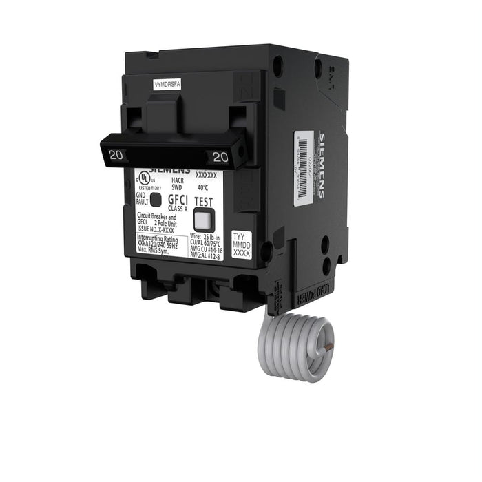 Siemens QPFB 2-Pole GFCI Circuit Breaker, model Q220GFP, product label detail, image 2