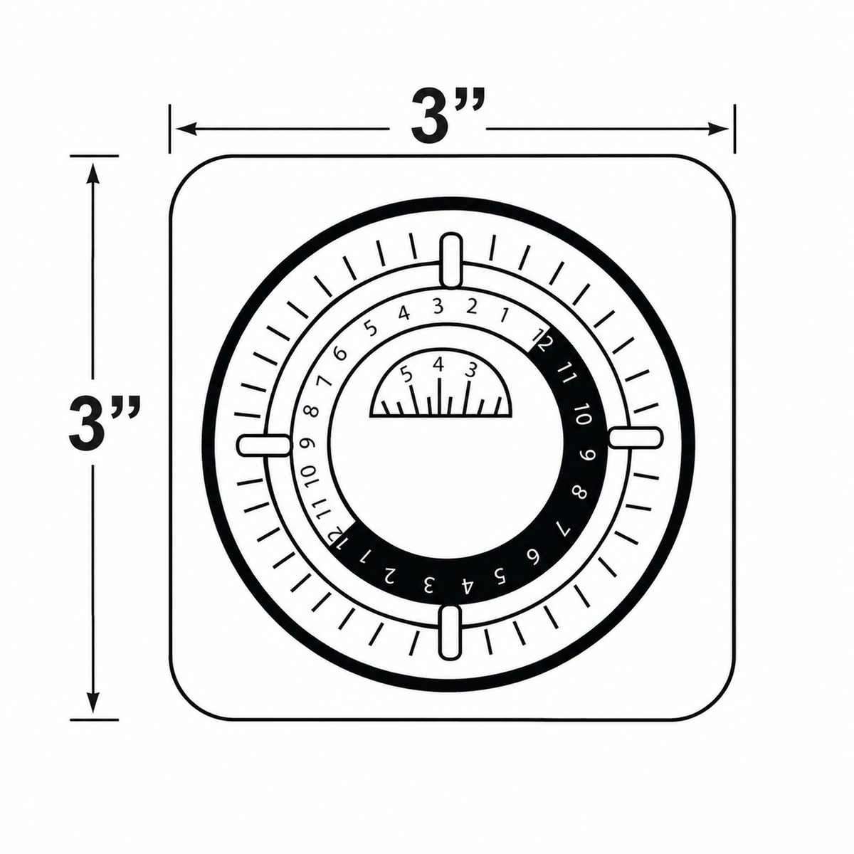 Front-view dimension drawing of a square mechanical timer with a circular dial