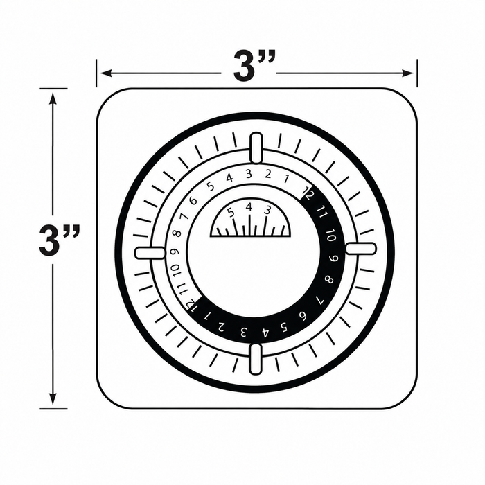 Front-view dimension drawing of a square mechanical timer with a circular dial