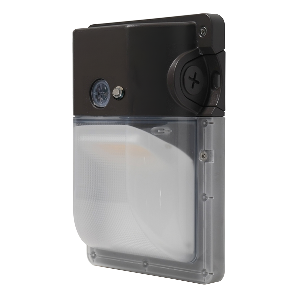 Bronze LED security wall pack with battery backup and photocell, angled view