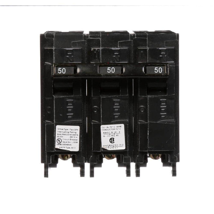 Siemens Type QPH Three-Pole 22kA Circuit Breaker, model Q350H, product label detail, image 1