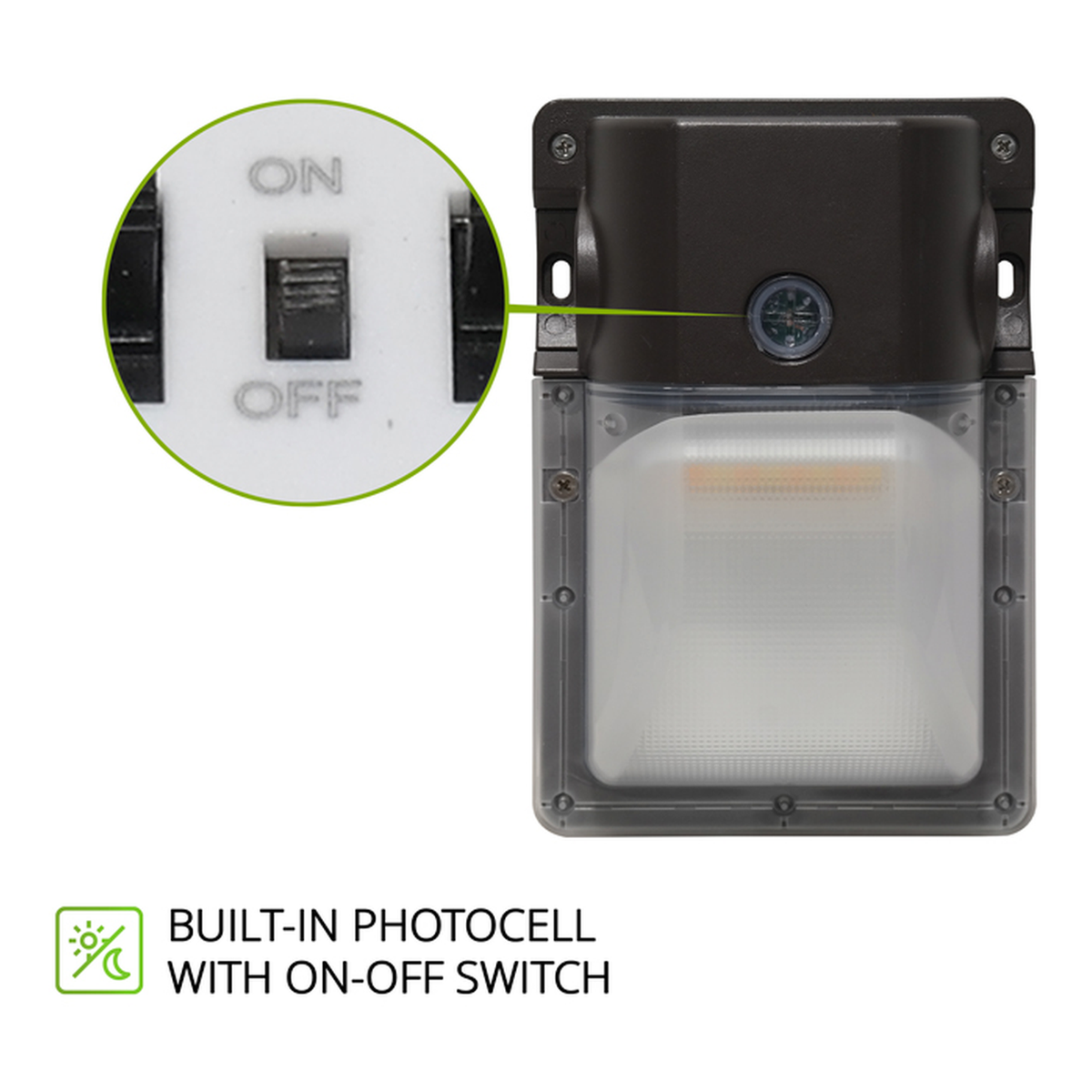 Built-in photocell with on-off switch on the LED security wall pack