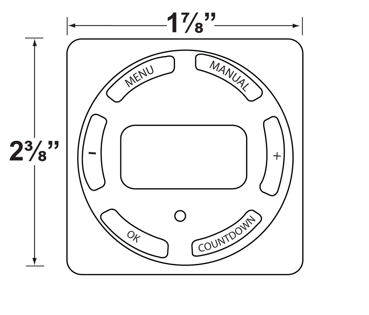 Front-view dimension drawing of a digital timer with a display and curved buttons