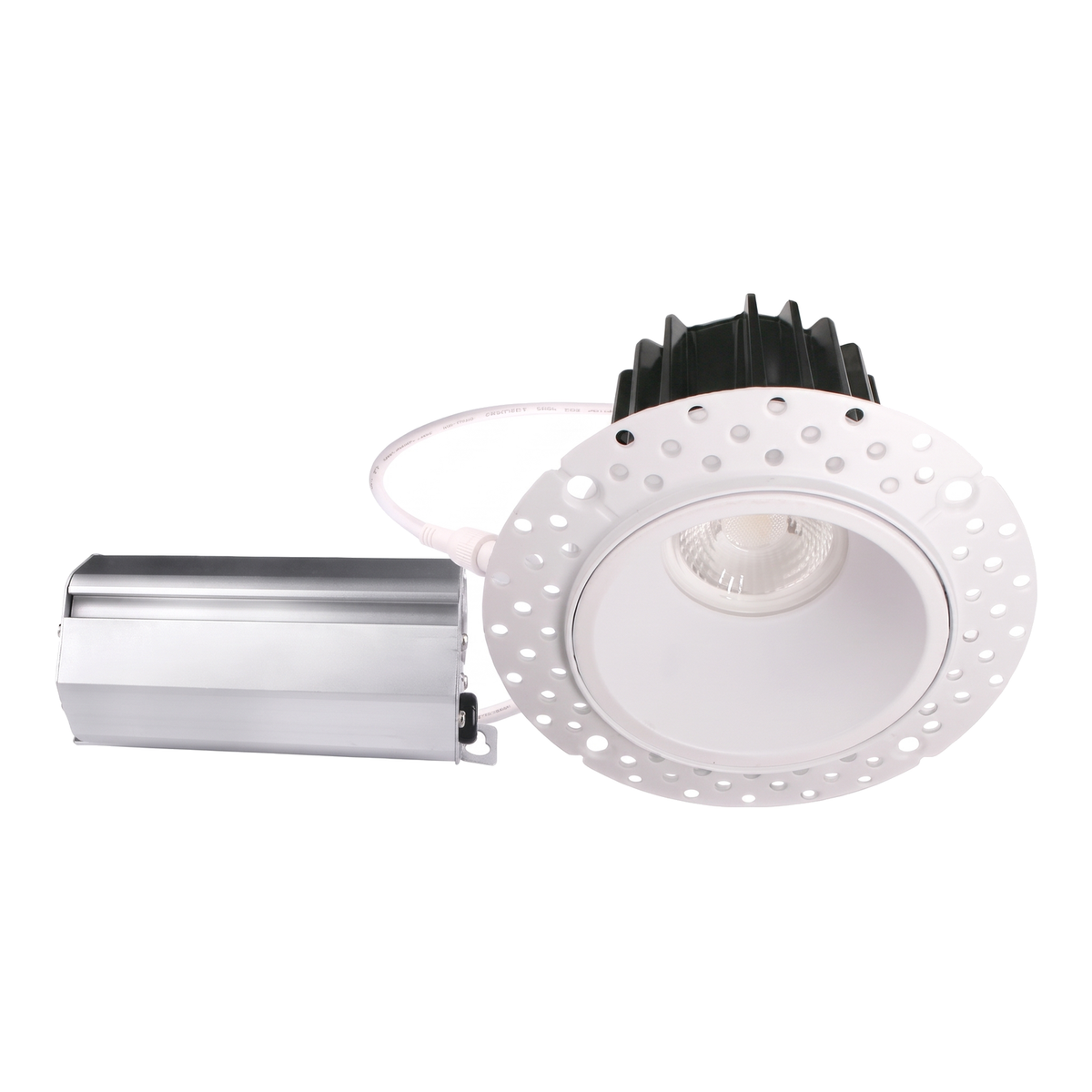 White round trimless recessed downlight with plaster-in flange, heat sink and remote driver