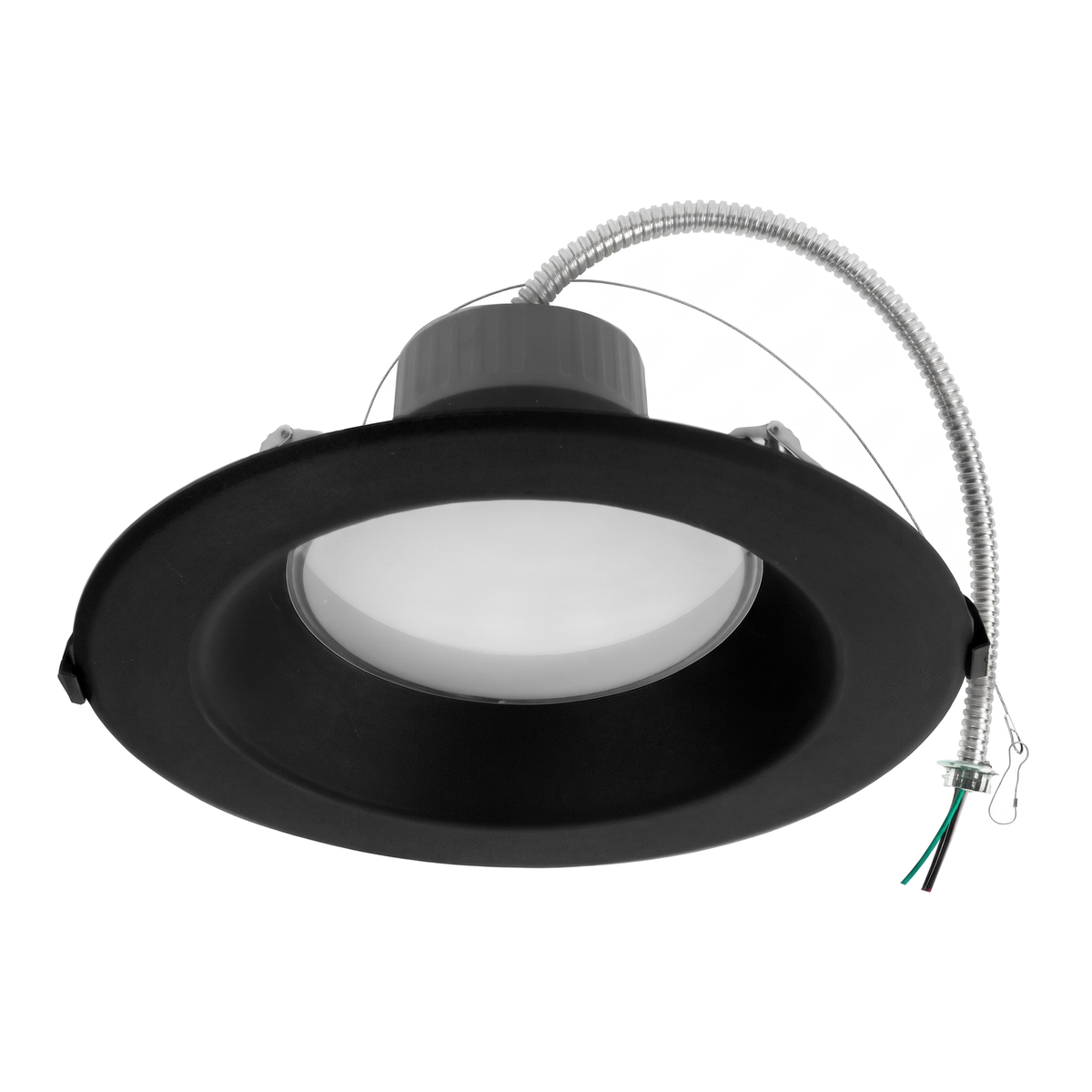 Black round commercial recessed downlight with spring mounting clips