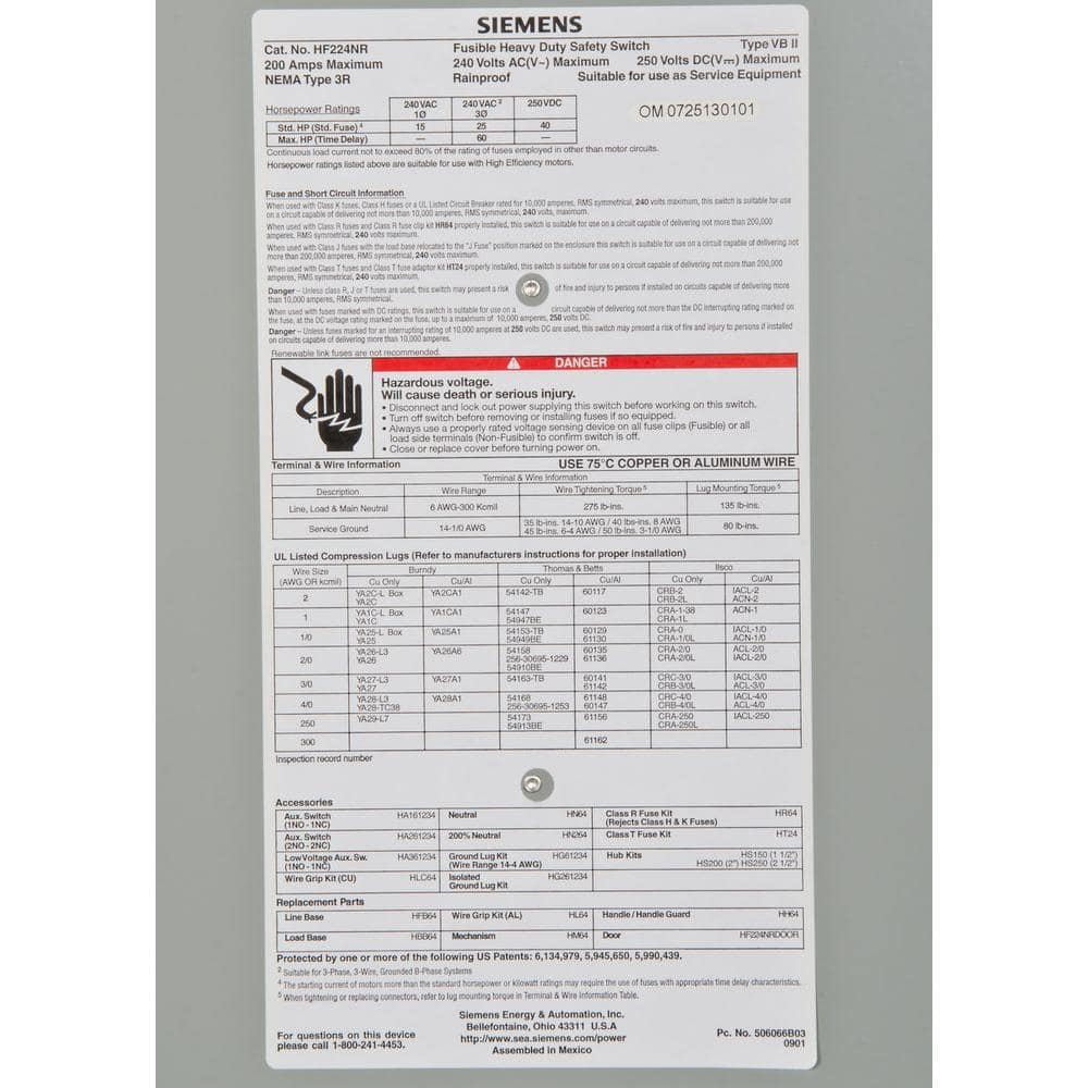 Siemens Heavy Duty 200 Amp 240-Volt 2-Pole Outdoor Fusible Safety Switch, model HF224NR, wiring diagram