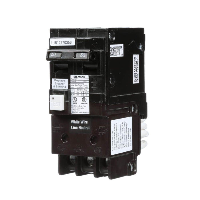 Siemens QPF 2-Pole GFCI Circuit Breaker, model QF230AP, product label detail, image 2