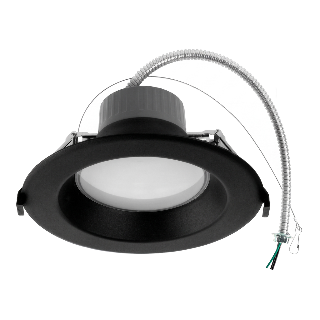 Black round commercial recessed downlight with spring mounting clips