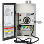 Open silver transformer enclosure with a red toggle switch, a terminal block and a coiled power cord