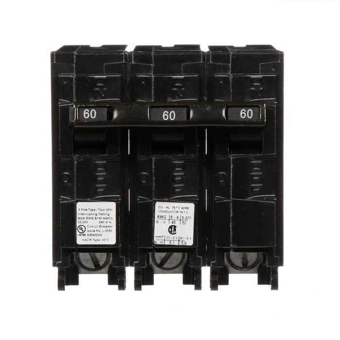 Siemens Type QPH Three-Pole 22kA Circuit Breaker, model Q360H, product label detail