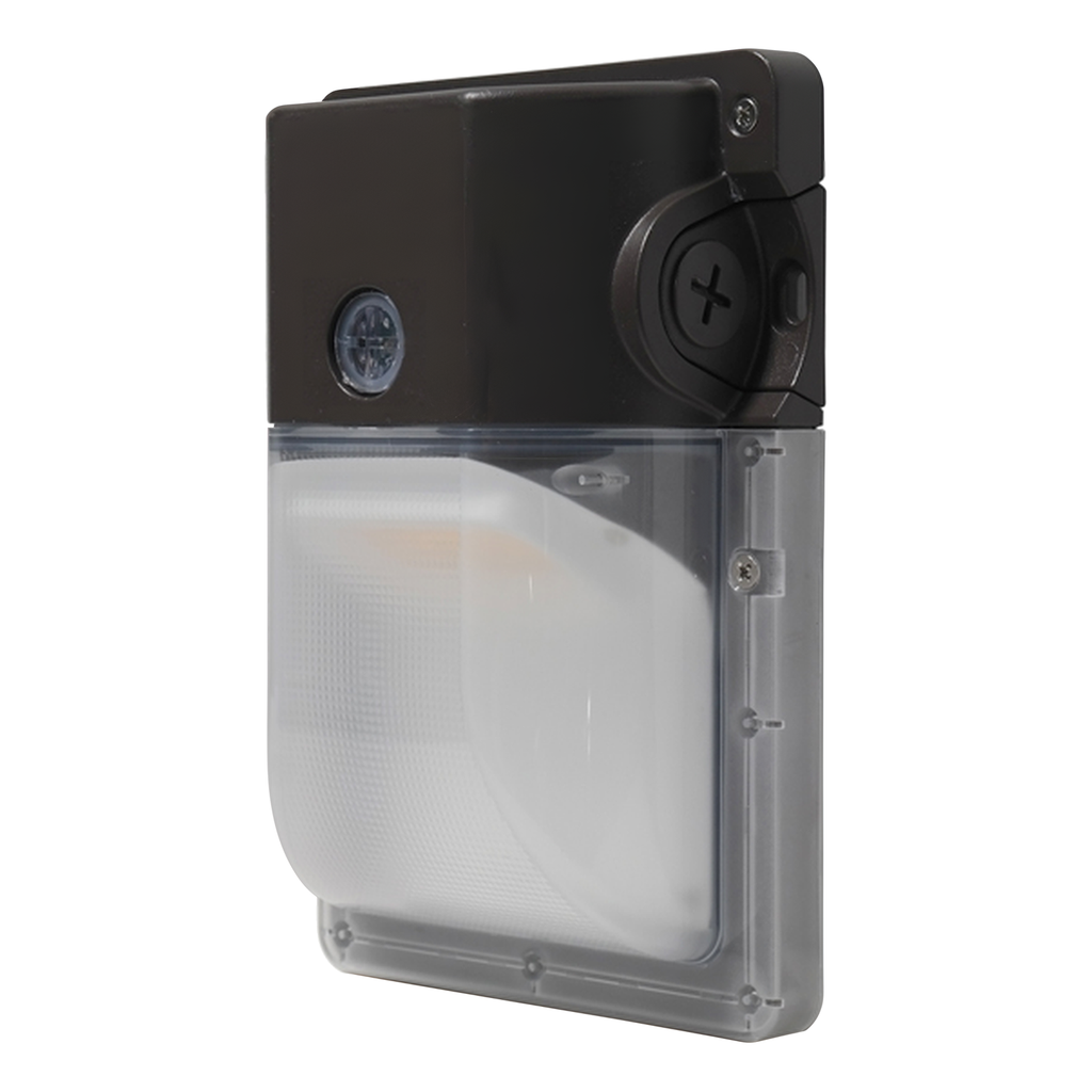 Bronze LED security wall pack with photocell, angled view
