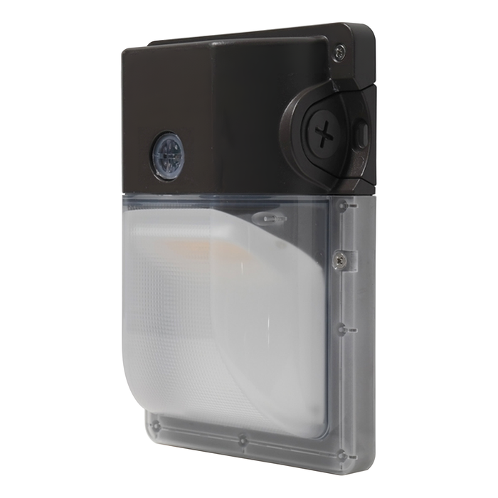 Bronze LED security wall pack with photocell, angled view