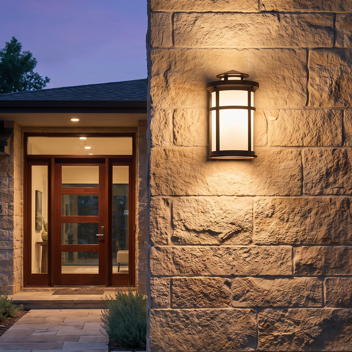 Oil-rubbed-bronze cylindrical wall lantern outdoor application