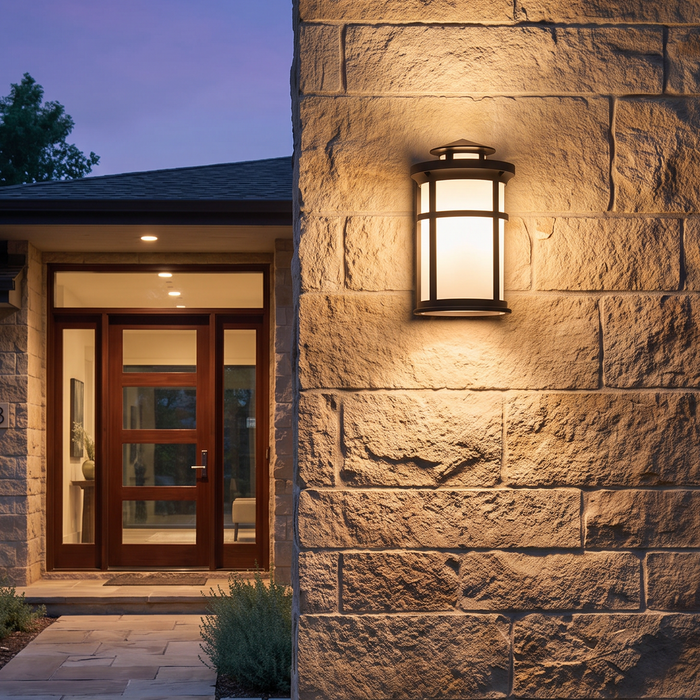 Oil-rubbed-bronze cylindrical wall lantern outdoor application