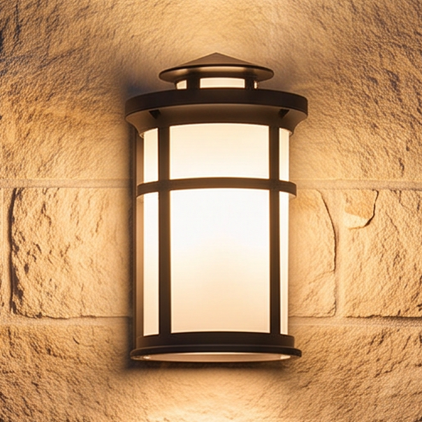Oil-rubbed-bronze cylindrical wall lantern installed illuminated