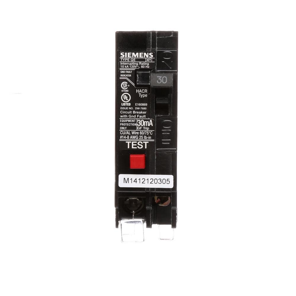 Siemens Type QE Single-Pole Ground Fault Equipment Protection Circuit Breaker, model QE130, product label detail