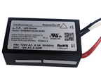 Black rectangular power module with a printed label and red, white and black wire leads