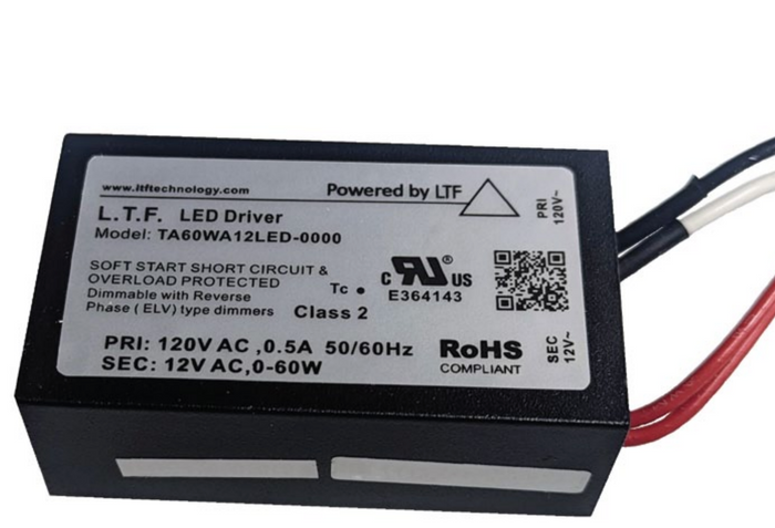 Black rectangular power module with a printed label and red, white and black wire leads