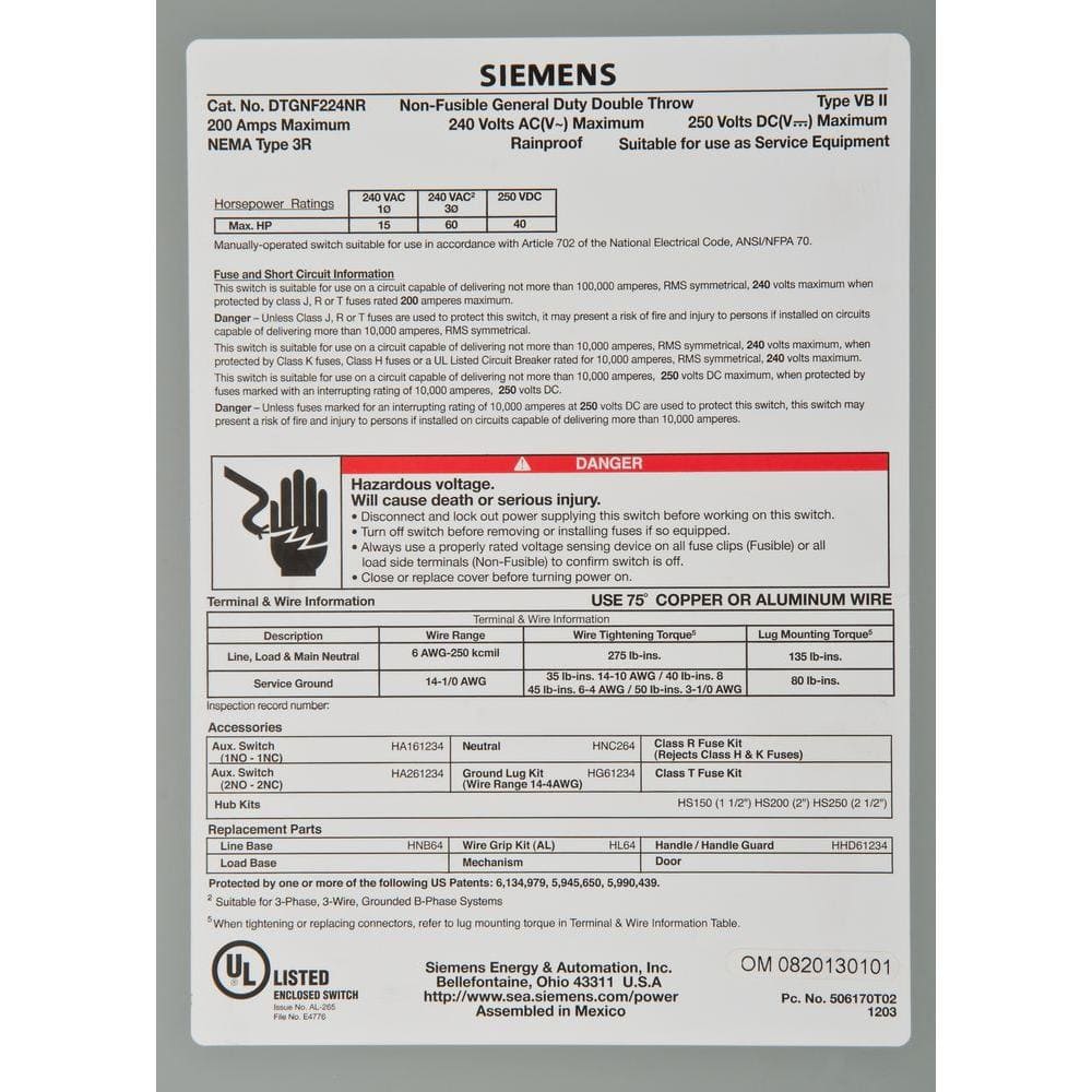 Siemens General Duty Double Throw 200 Amp 240-Volt 2-Pole Outdoor Non-Fusible Safety Switch, model DTGNF224NR, wiring diagram