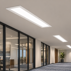 Recessed flange kit application in office corridor; compatible light fixture sold separately