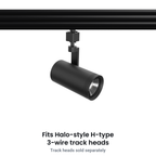 Black Halo-style H-type 3-wire track rail with a track head attached; track heads sold separately