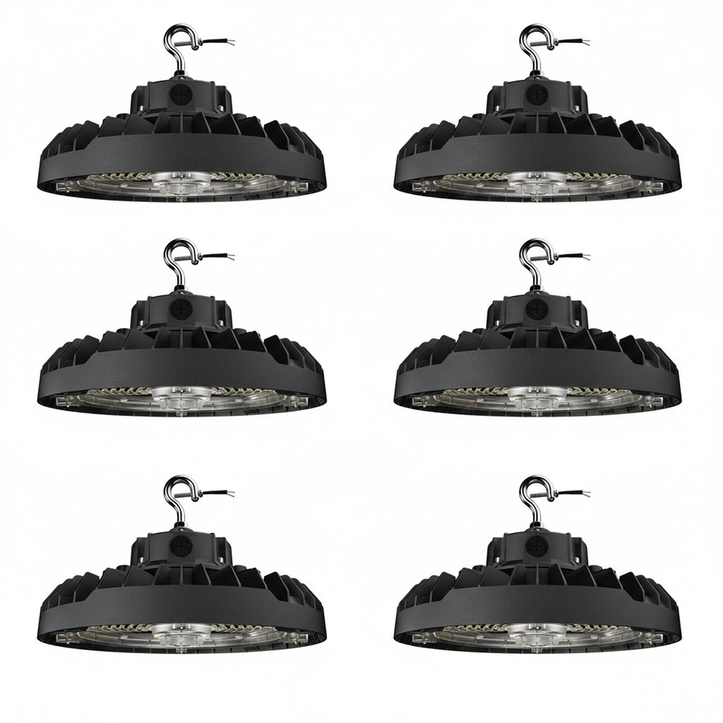 Six black industrial ceiling lights on a white background