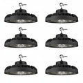 Six black industrial ceiling lights on a white background
