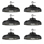 Six black industrial ceiling lights on a white background