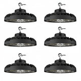 Six black industrial ceiling lights on a white background