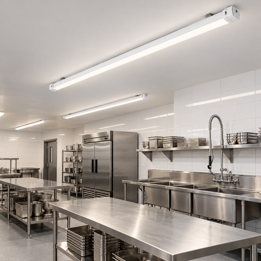 Illustrative application of 8ft slim tri-proof fixtures in a commercial kitchen