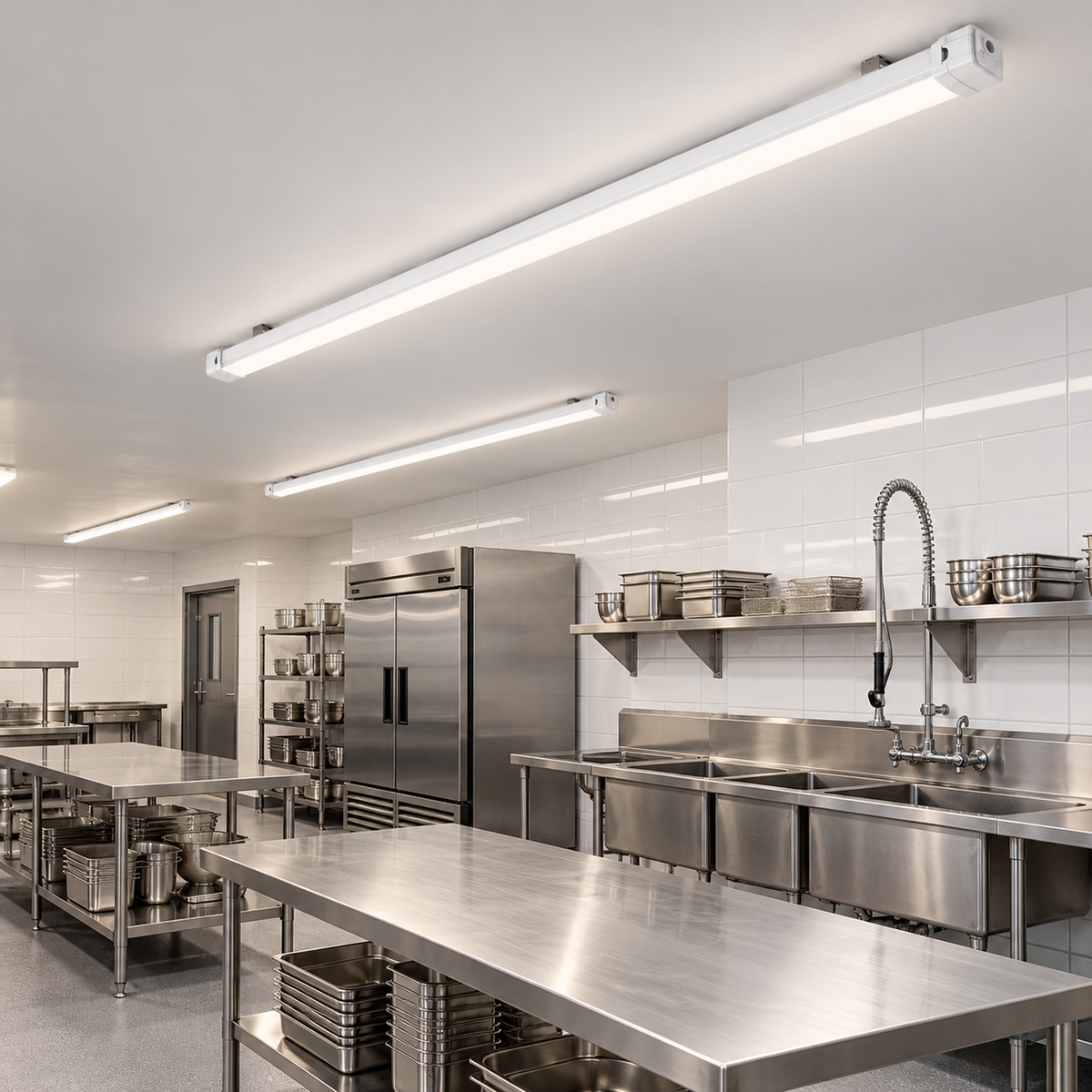 Illustrative application of 8ft slim tri-proof fixtures in a commercial kitchen