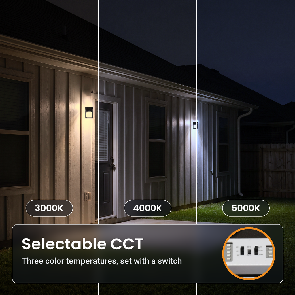 Bronze LED security wall packs with photocell on the back of a house, in three color temperatures: 3000K, 4000K, 5000K