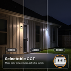 Bronze LED security wall packs with photocell on the back of a house, in three color temperatures: 3000K, 4000K, 5000K